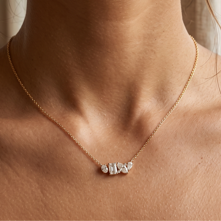 Kiashaa Jewellery 2.25 CTW multi-shape diamond cluster necklace in polished yellow gold.