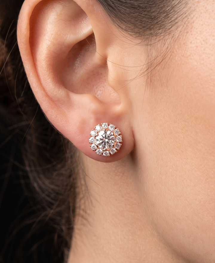 2.540 CTW round lab-grown diamond halo stud earrings in rose gold by Kiashaa Jewellery.