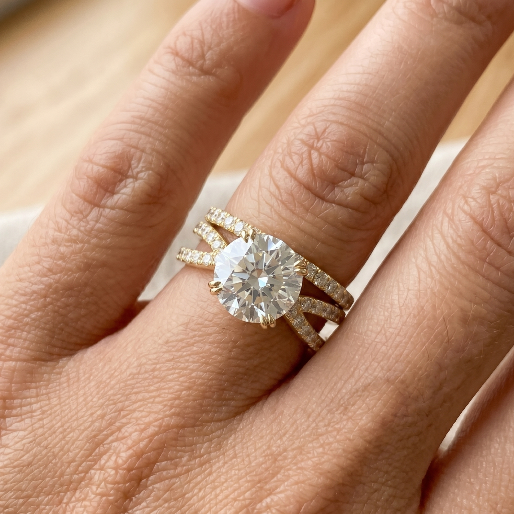 A close-up of a hand wearing a gold engagement ring with a round brilliant-cut center stone and pavé-set side stones, with a matching pavé band ring behind it.