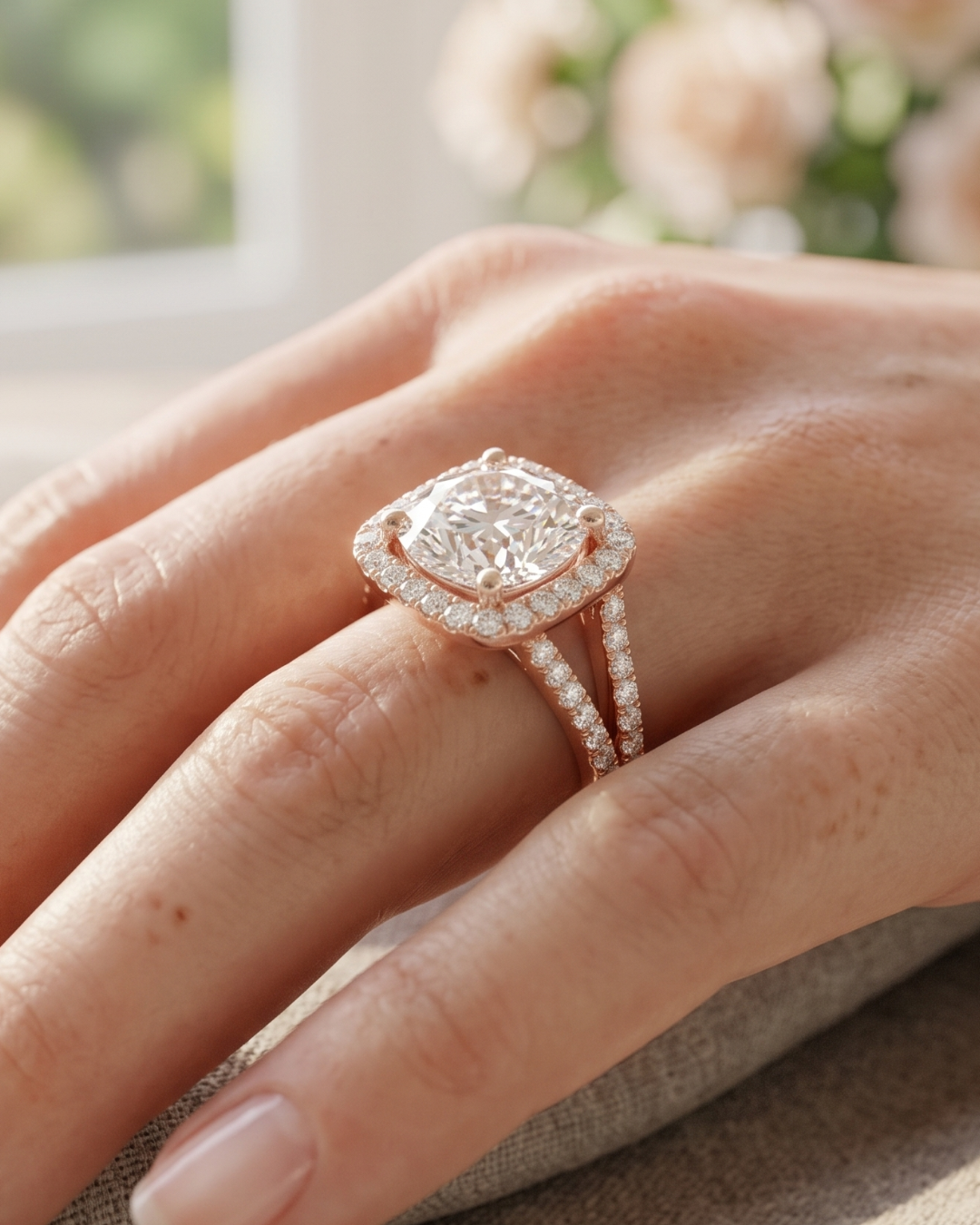 2.82 carat round lab-grown diamond halo ring by Kiashaa Jewellery in rose gold with a sparkling split shank.