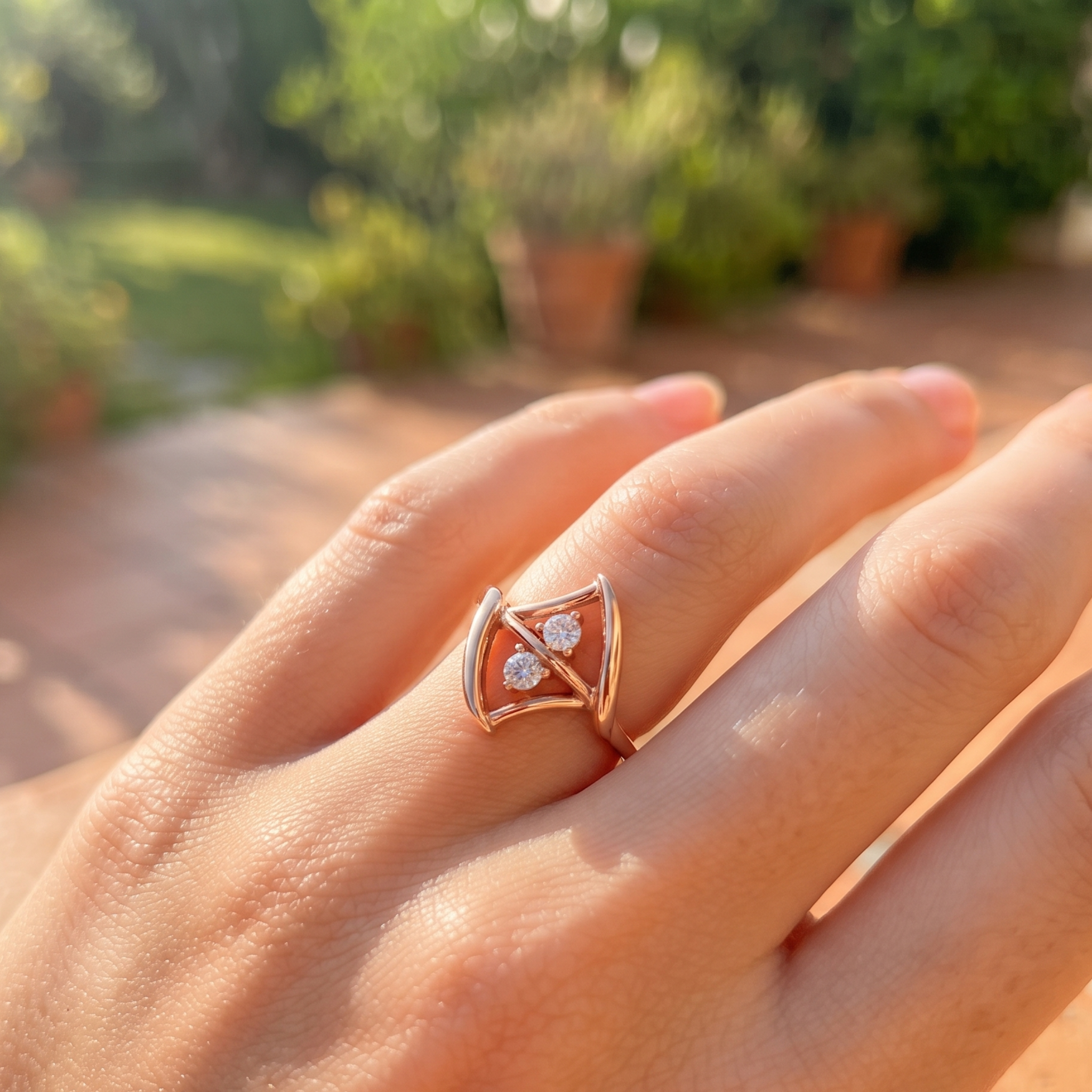 A close-up of a hand wearing a rose gold ring with a triangular openwork design and two small clear gemstones, set against a blurred outdoor garden background.