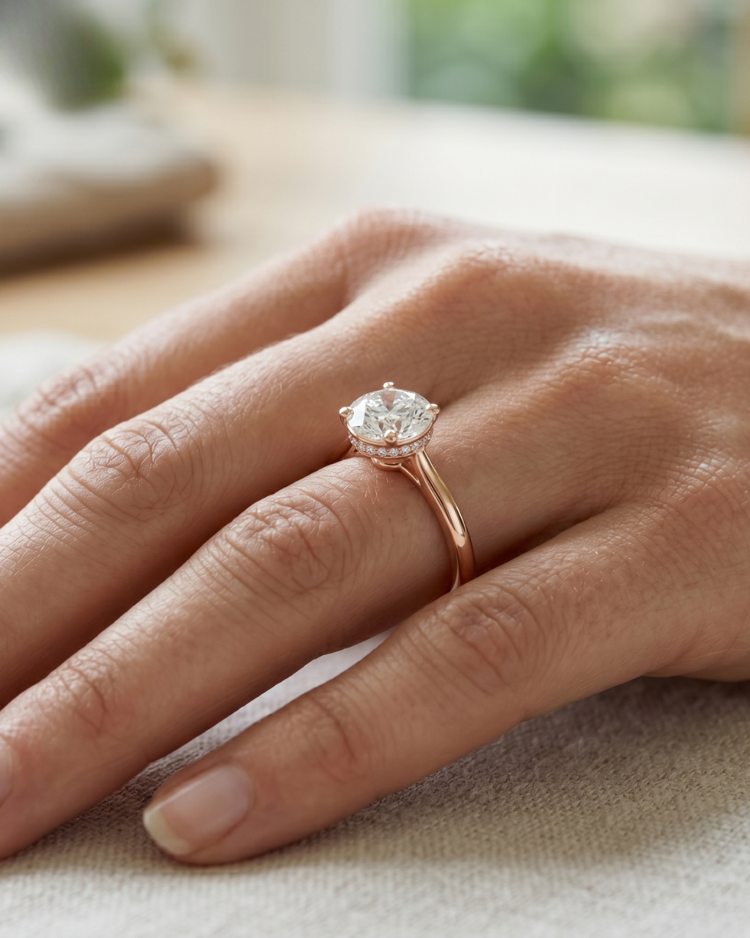 1.236 CT round lab-grown diamond hidden halo ring by Kiashaa Jewellery in rose gold with a polished slim band.