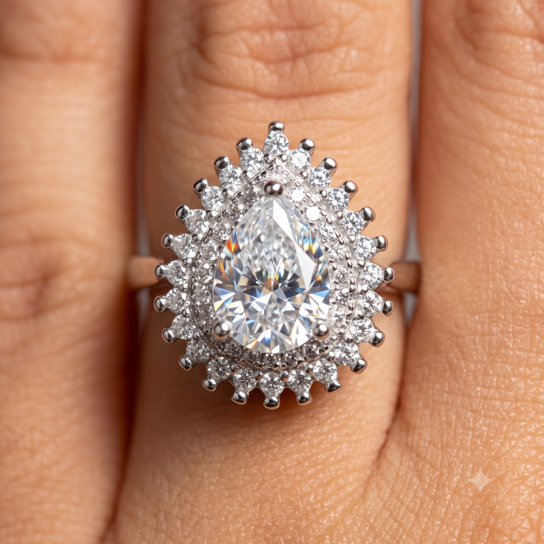 Pear halo lab-grown diamond engagement ring in white gold by Kiashaa Jewellery.