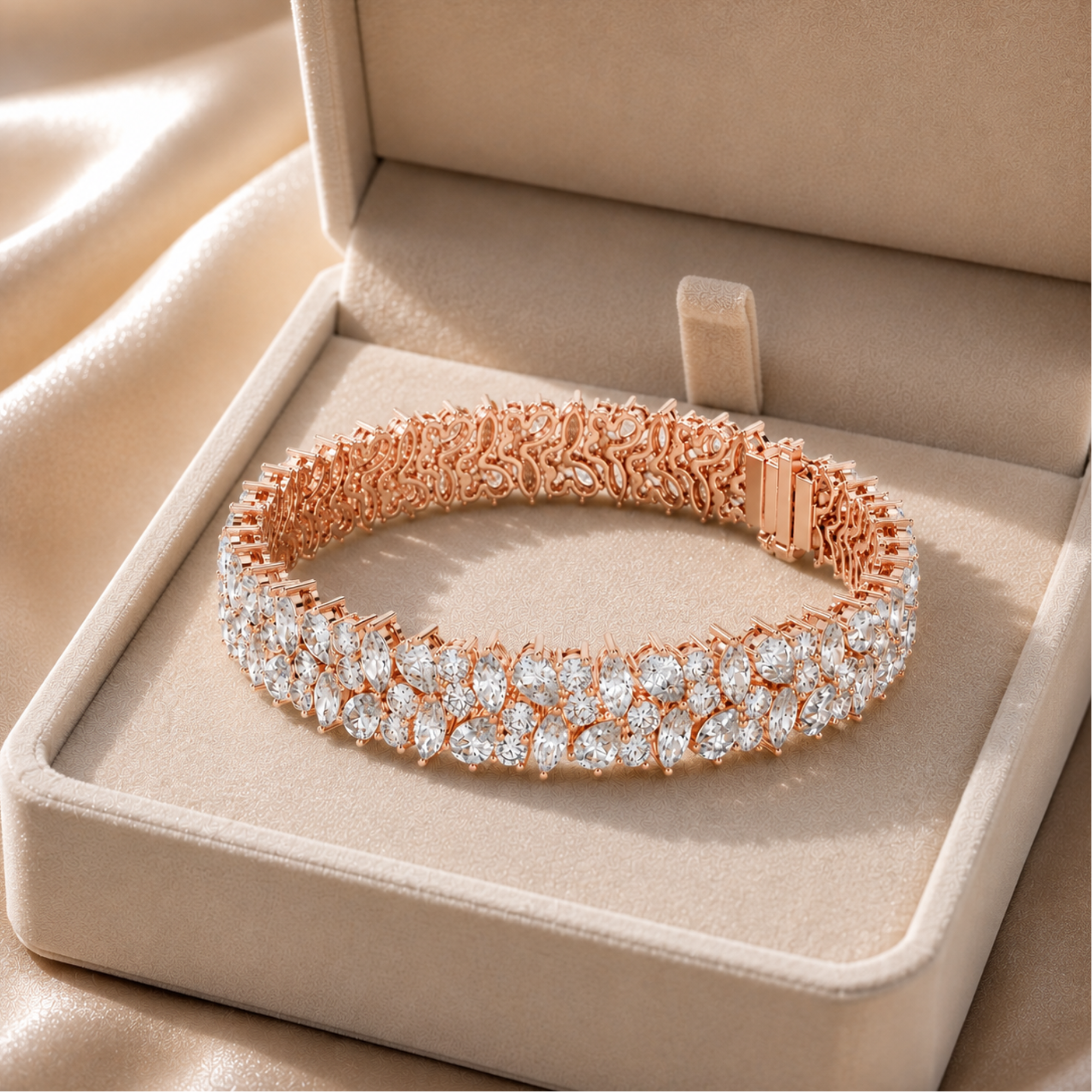 A rose gold tennis bracelet set with clear gemstones, displayed inside an open beige jewelry box on a satin fabric background.