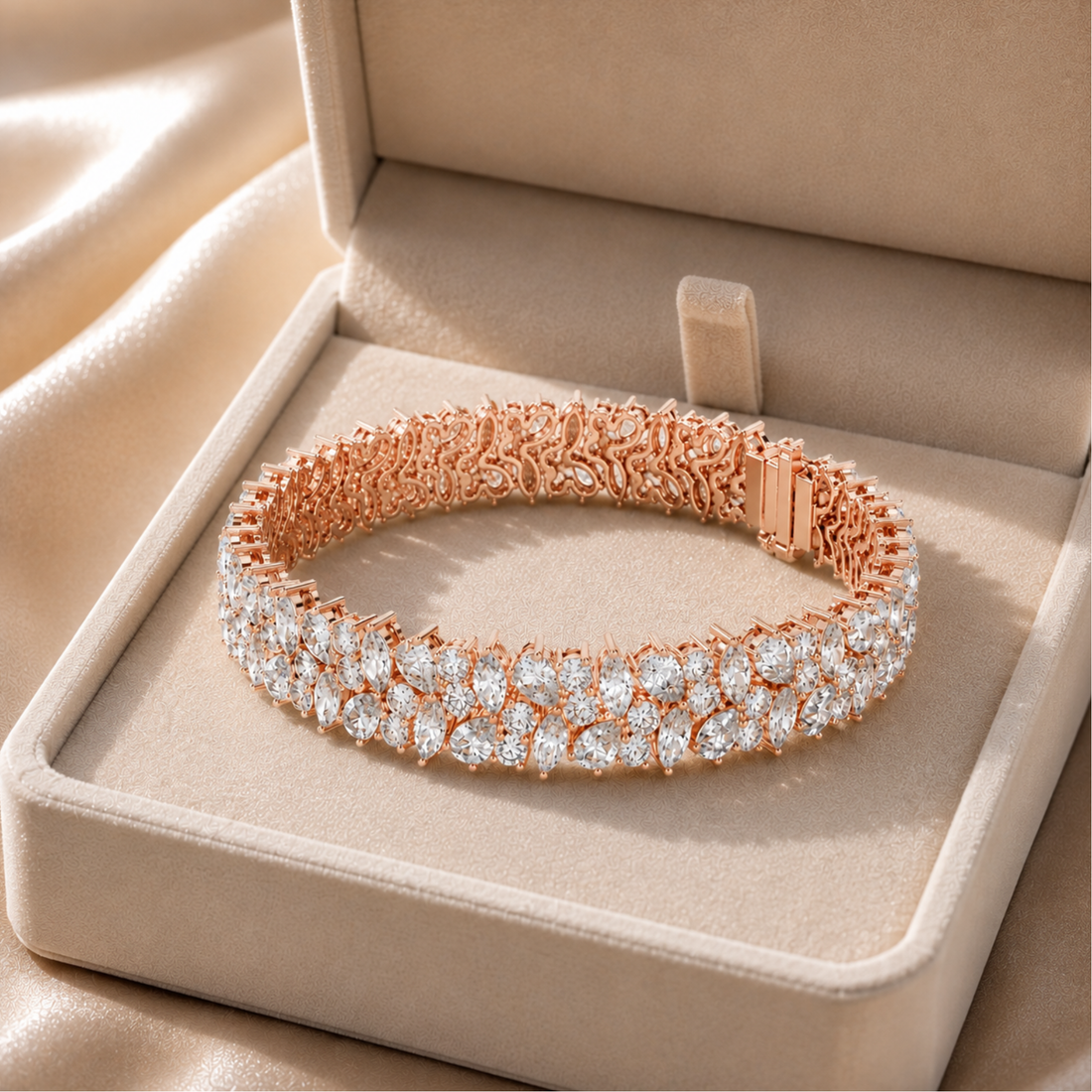 A rose gold tennis bracelet set with clear gemstones, displayed inside an open beige jewelry box on a satin fabric background.