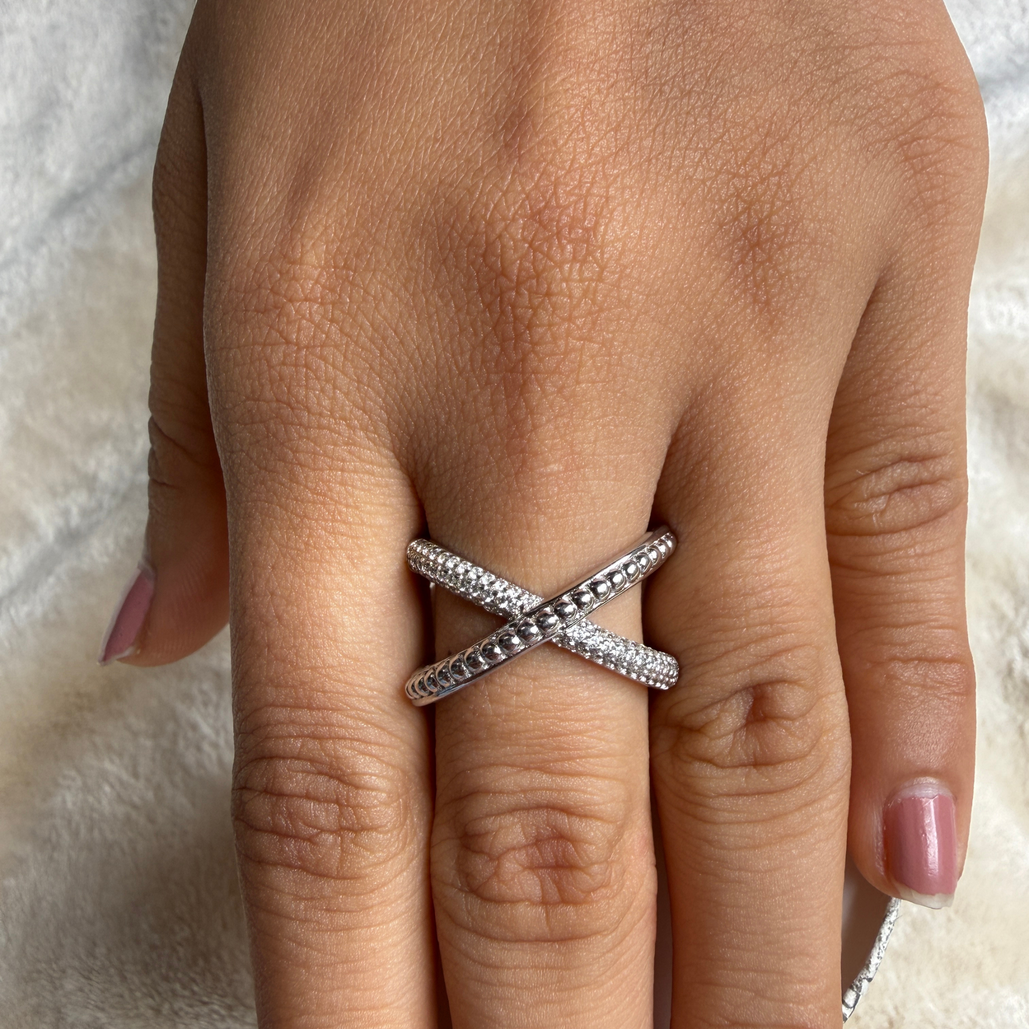 Criss-cross lab-grown diamond X ring in white gold by Kiashaa Jewellery.