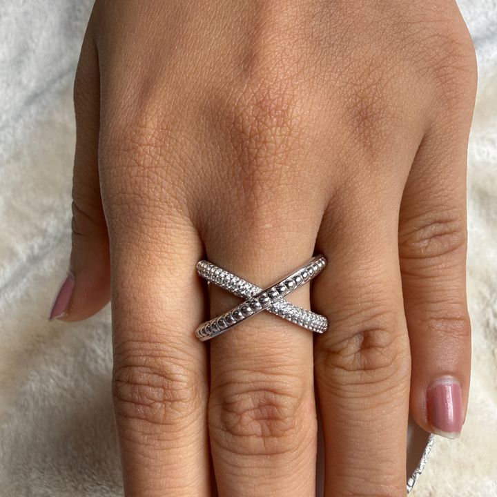 Criss-cross lab-grown diamond X ring in white gold by Kiashaa Jewellery.