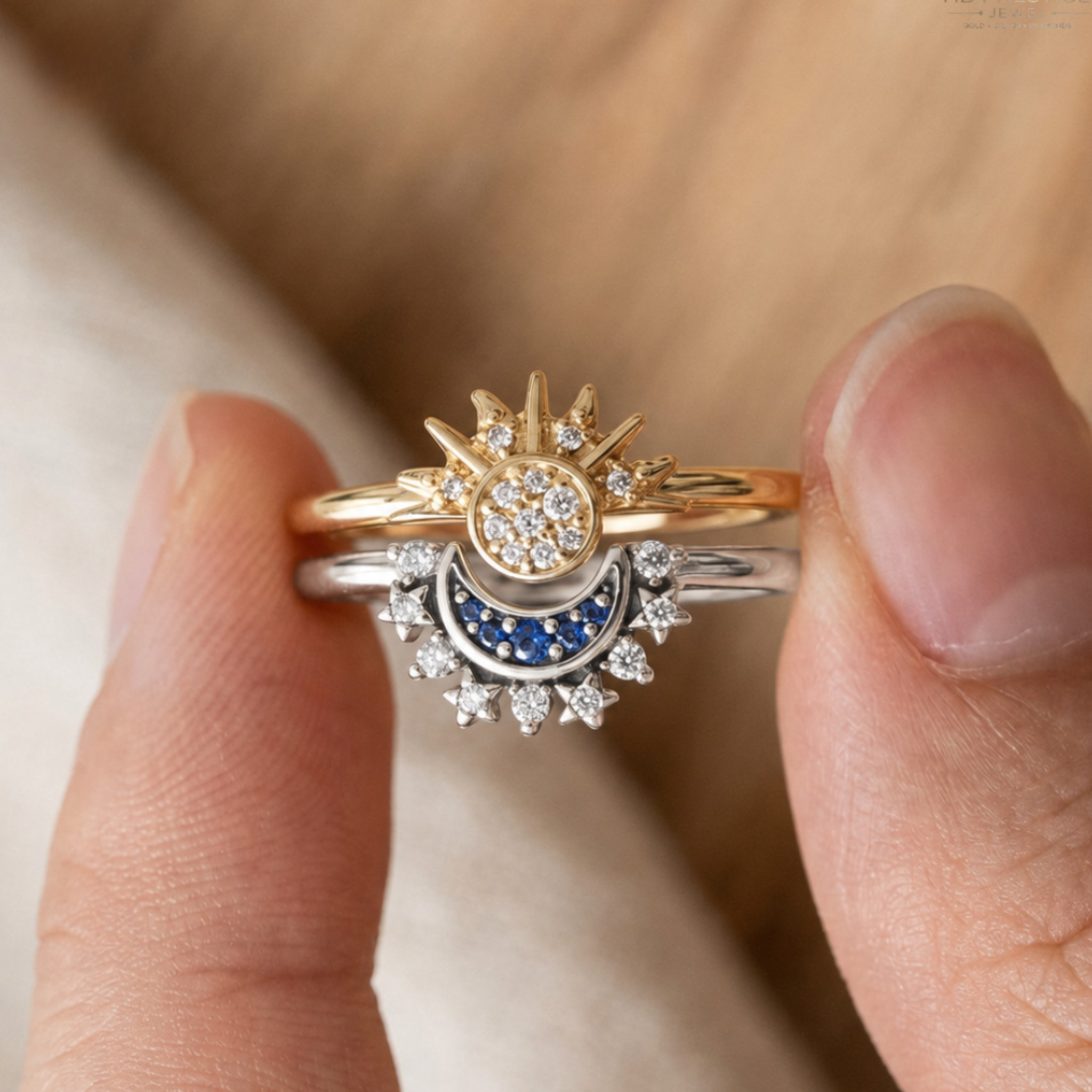 A close-up of a hand holding a three-band celestial ring set. The ring features a gold sunburst with a diamond-paved center, a silver crescent moon with blue sapphires and diamond accents, and a thin silver band.