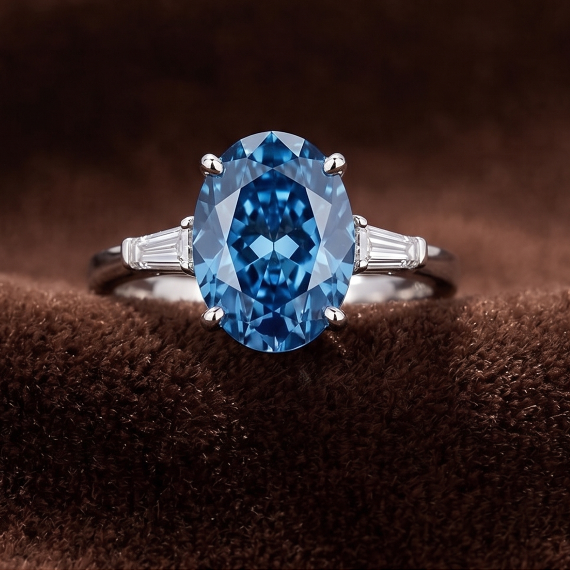 An oval-cut blue gemstone ring with a silver-toned band and baguette side stones, displayed on a textured brown surface. The brand logo 'Widzia' is visible in the top left corner.