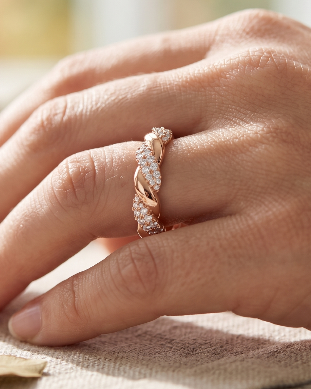 1 carat round lab-grown diamond twisted band by Kiashaa Jewellery in rose gold with sparkling cluster accents.