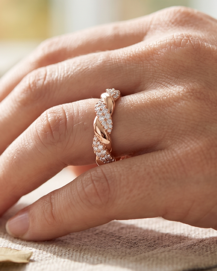 1 carat round lab-grown diamond twisted band by Kiashaa Jewellery in rose gold with sparkling cluster accents.