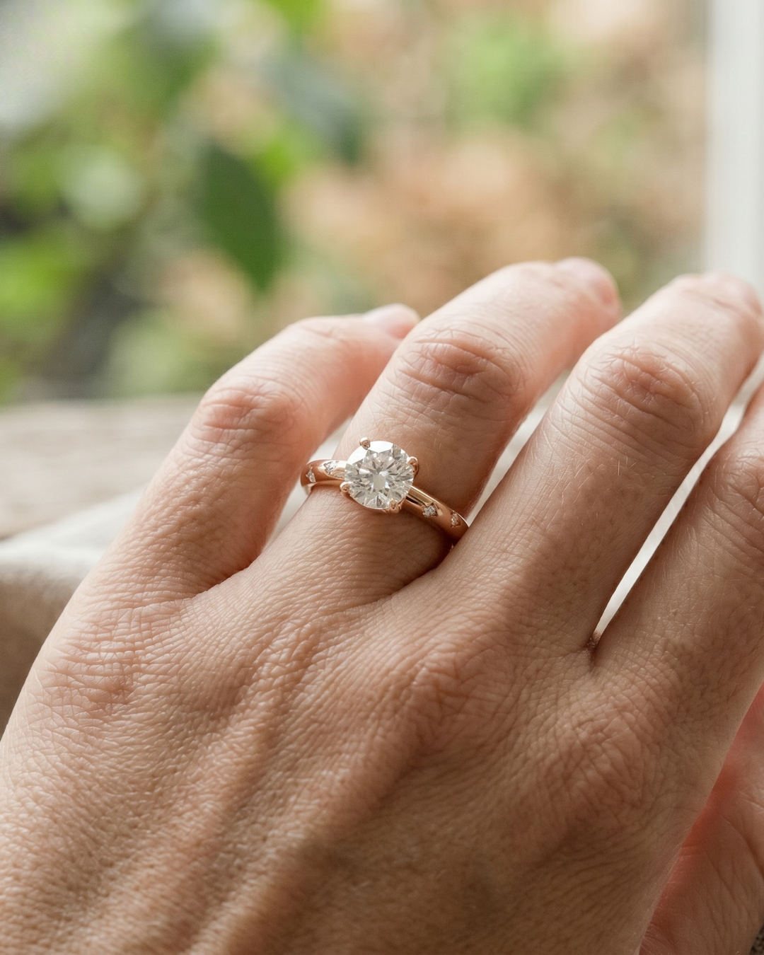1 carat round lab-grown diamond solitaire ring by Kiashaa Jewellery in rose gold with subtle shoulder accents.