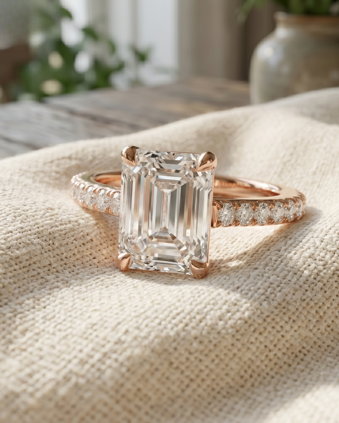 2.304 carat emerald-cut lab-grown diamond ring in rose gold with round diamond band accents.