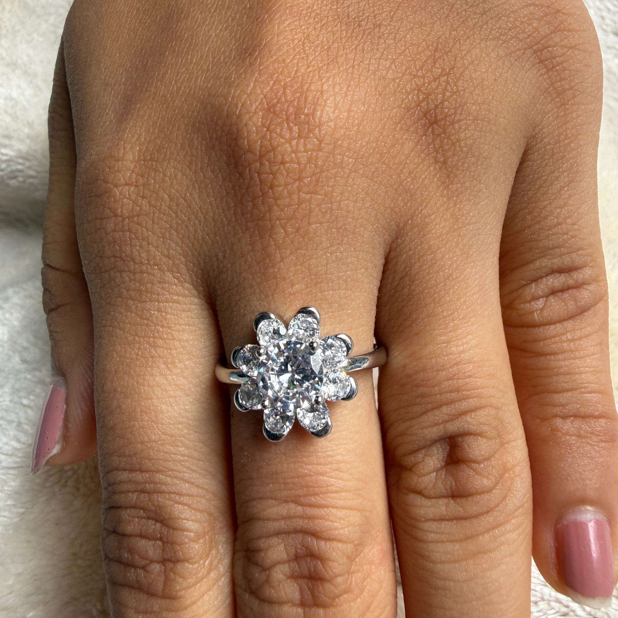 Round floral lab-grown diamond cluster ring in white gold by Kiashaa Jewellery.