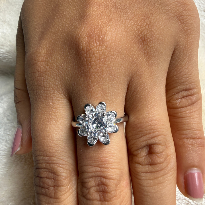 Round floral lab-grown diamond cluster ring in white gold by Kiashaa Jewellery.