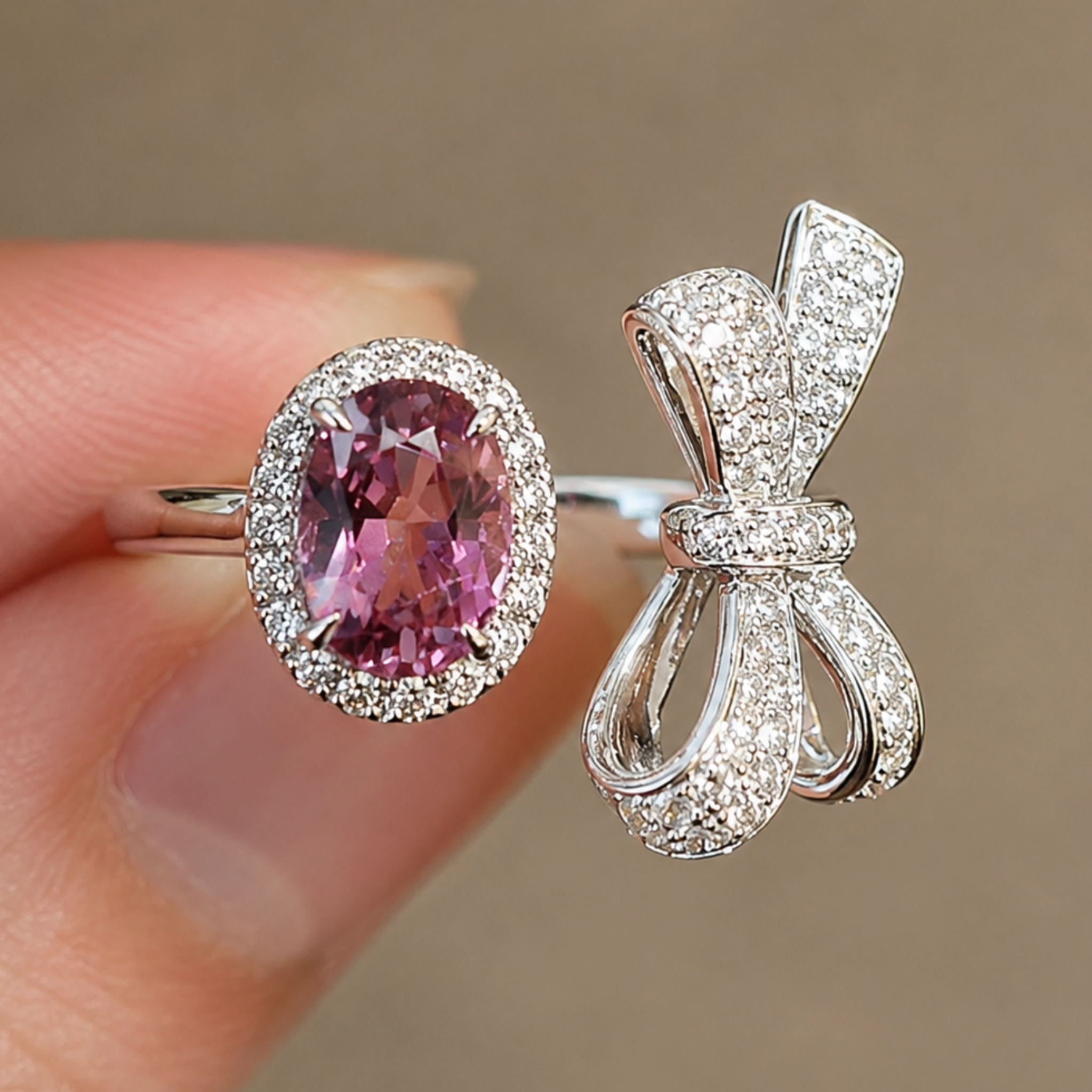 Rosette Bow 3 CTW pink oval diamond open ring by Kiashaa Jewellery in white gold with a bow-inspired diamond design.