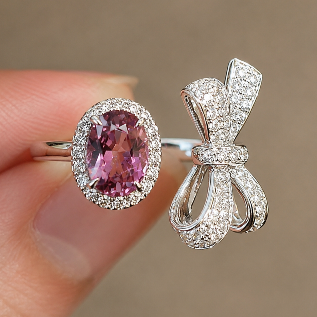 Rosette Bow 3 CTW pink oval diamond open ring by Kiashaa Jewellery in white gold with a bow-inspired diamond design.