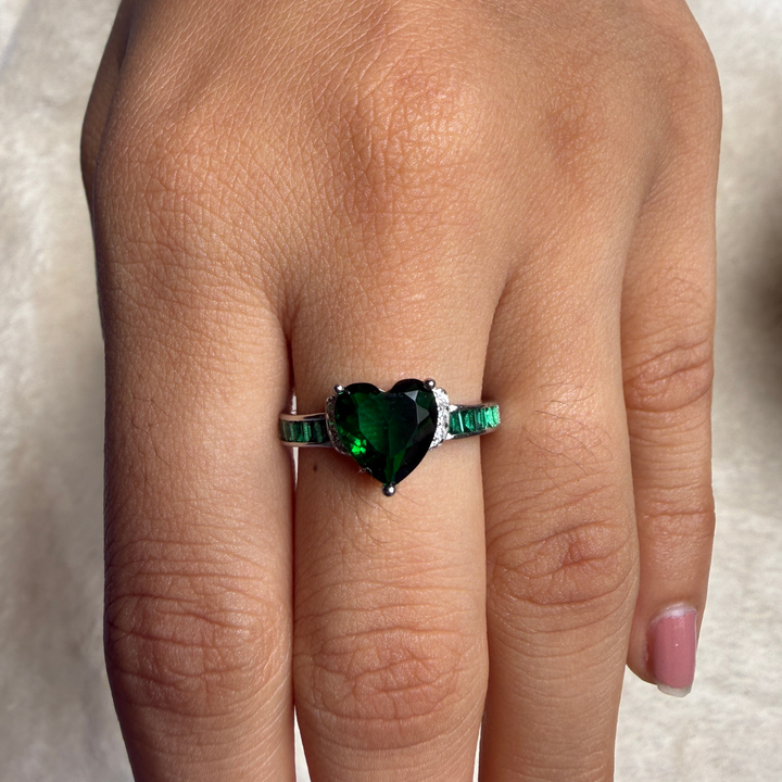 Green heart gemstone and lab-grown diamond ring in white gold by Kiashaa Jewellery.