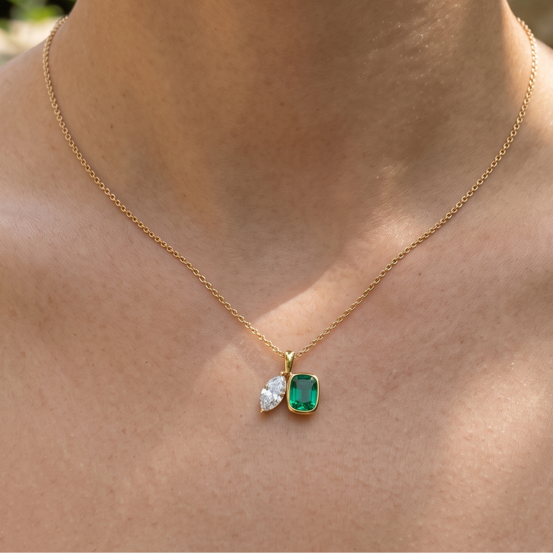 Kiashaa Jewellery 2.91 CTW cushion and marquise pendant necklace in polished yellow gold.