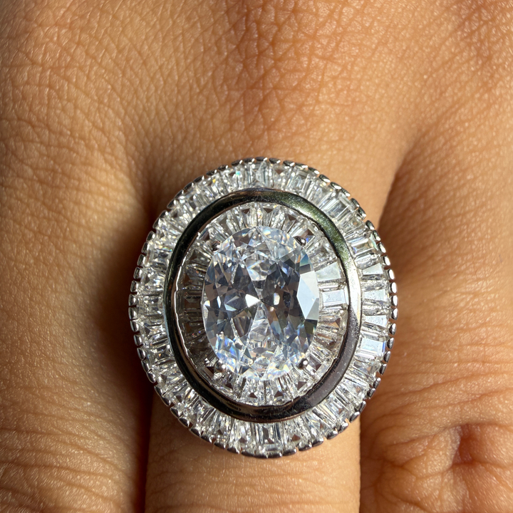 Oval and baguette lab-grown diamond double halo ring by Kiashaa Jewellery.