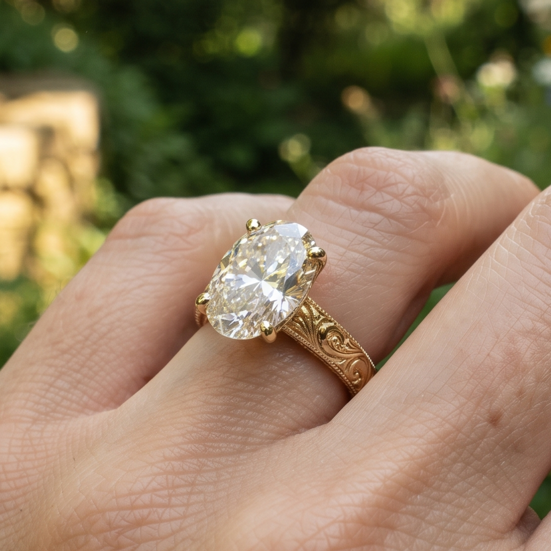 Front view of a 3 CT oval diamond solitaire engagement ring in yellow gold with vintage scroll engraving.