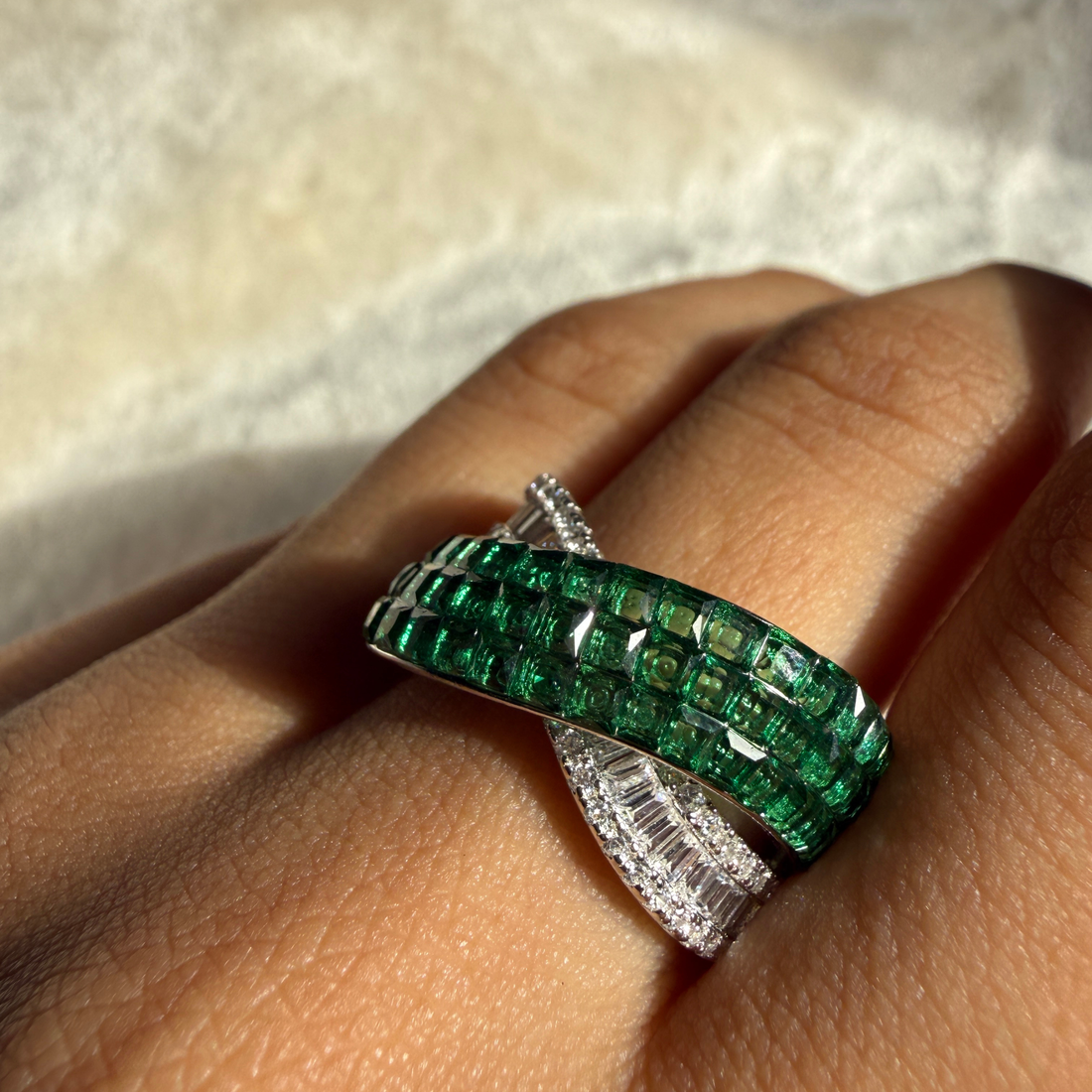 Green CZ and lab-grown diamond bypass statement ring by Kiashaa Jewellery.