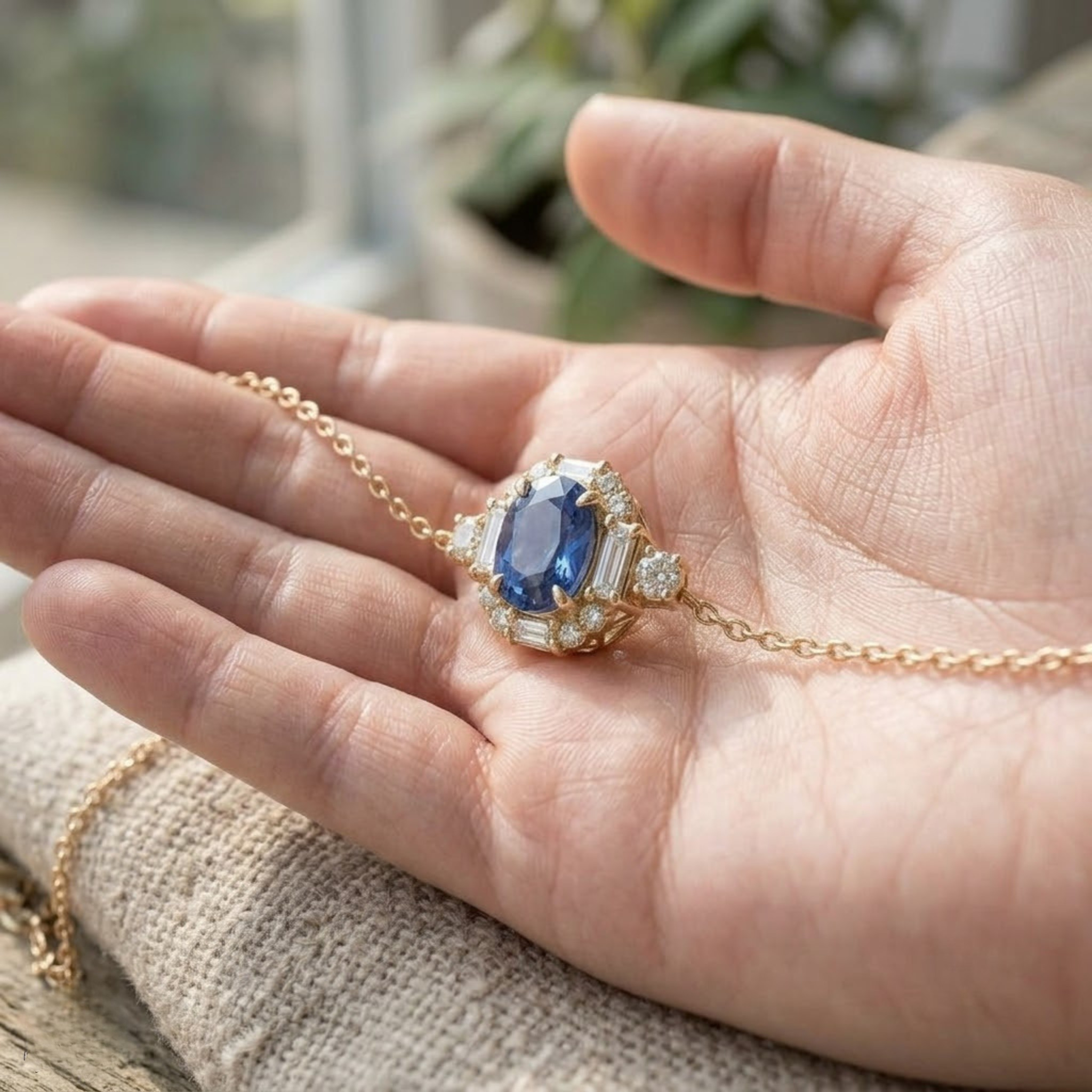 Blue oval gemstone halo bracelet with lab-grown diamonds by Kiashaa Jewellery.
