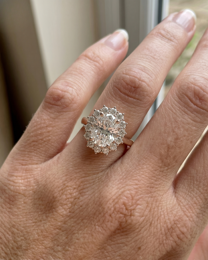 2.560 CT oval lab-grown diamond halo ring by Kiashaa Jewellery in rose gold with brilliant round diamond accents.