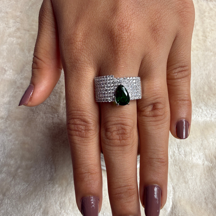Green pear gemstone and pavé lab-grown diamond statement ring by Kiashaa Jewellery.