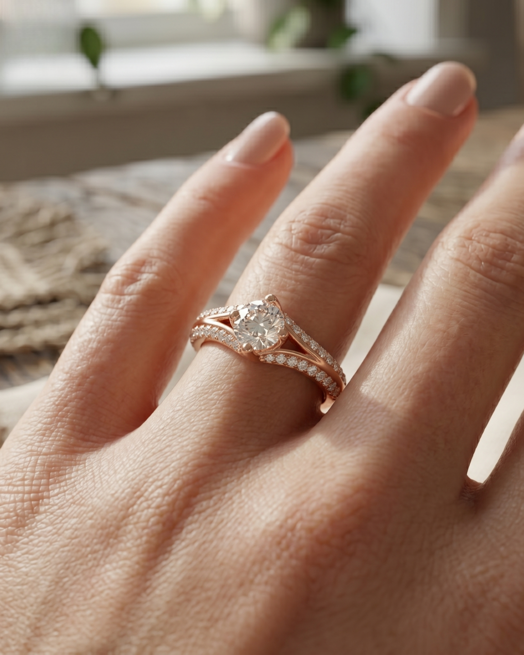 1 carat round lab-grown diamond crossover ring by Kiashaa Jewellery in rose gold with sparkling side accents.