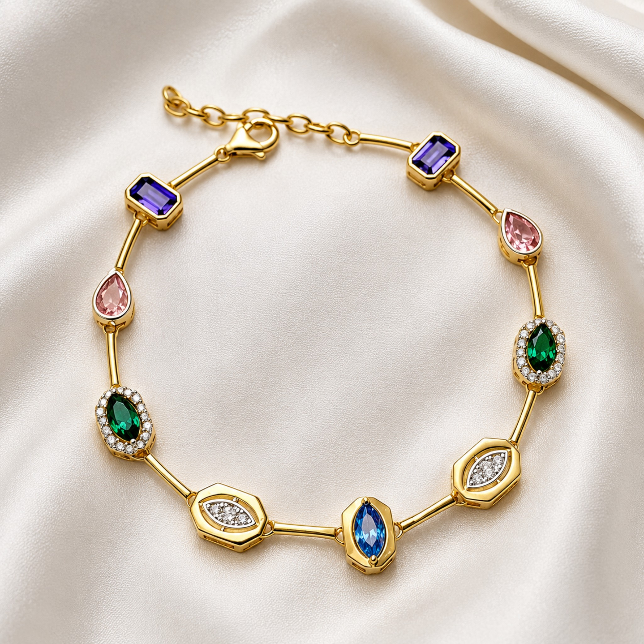 A gold link bracelet featuring multiple colorful gemstones in different shapes, including purple, pink, green, and blue stones, displayed on a draped white satin fabric.