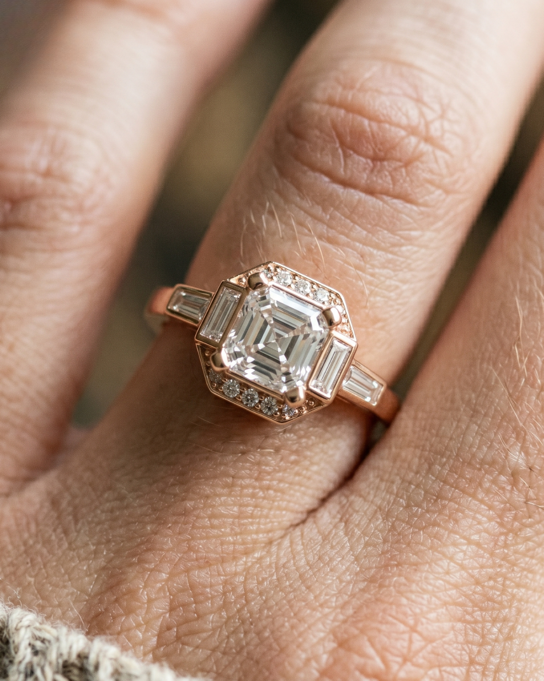 1 carat radiant lab-grown diamond halo ring with baguette side stones in rose gold