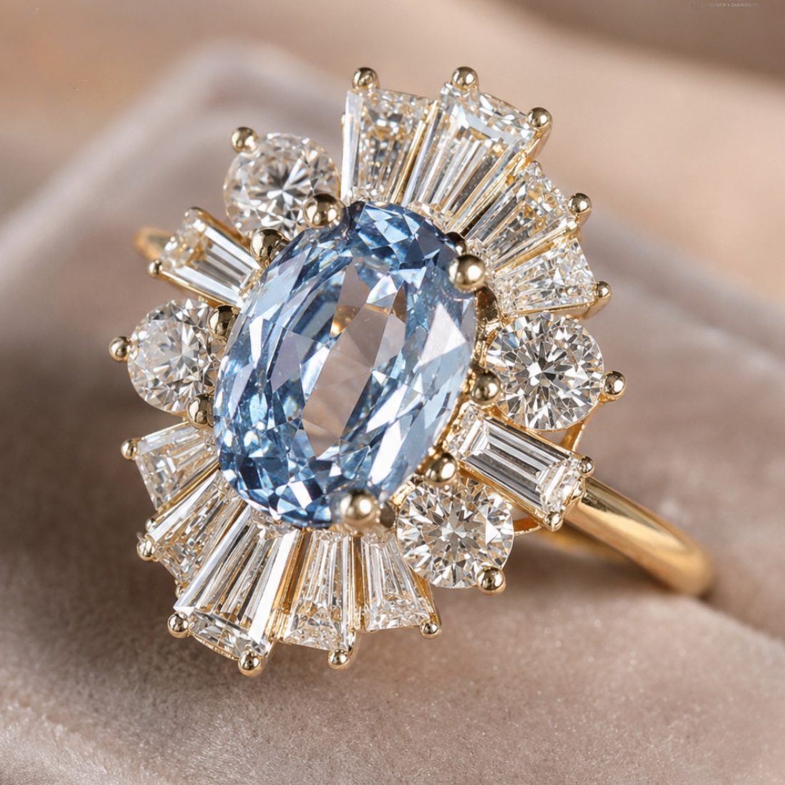 A yellow gold ring featuring a large oval light blue gemstone surrounded by a radiant halo of baguette and round clear stones, displayed on a soft beige velvet ring box.
