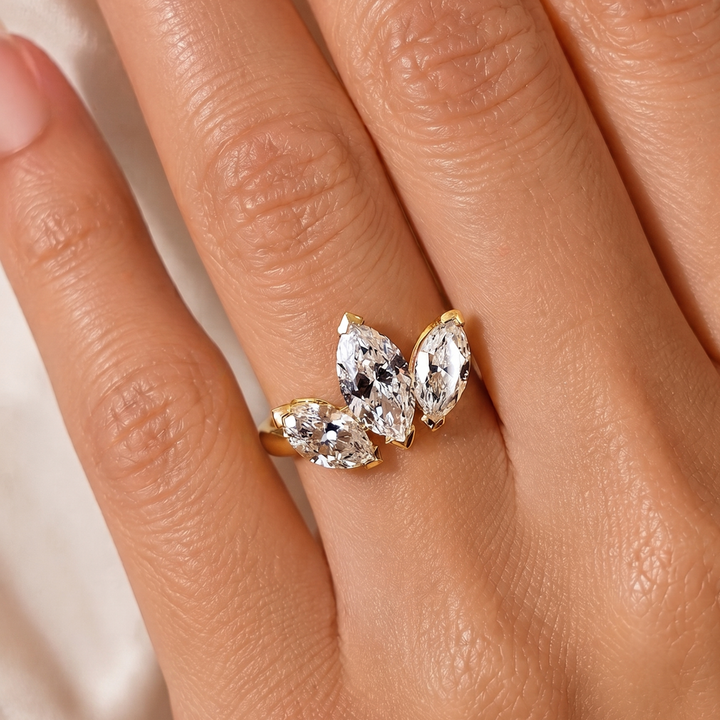 Three-marquise diamond open ring by Kiashaa Jewellery in polished yellow gold.
