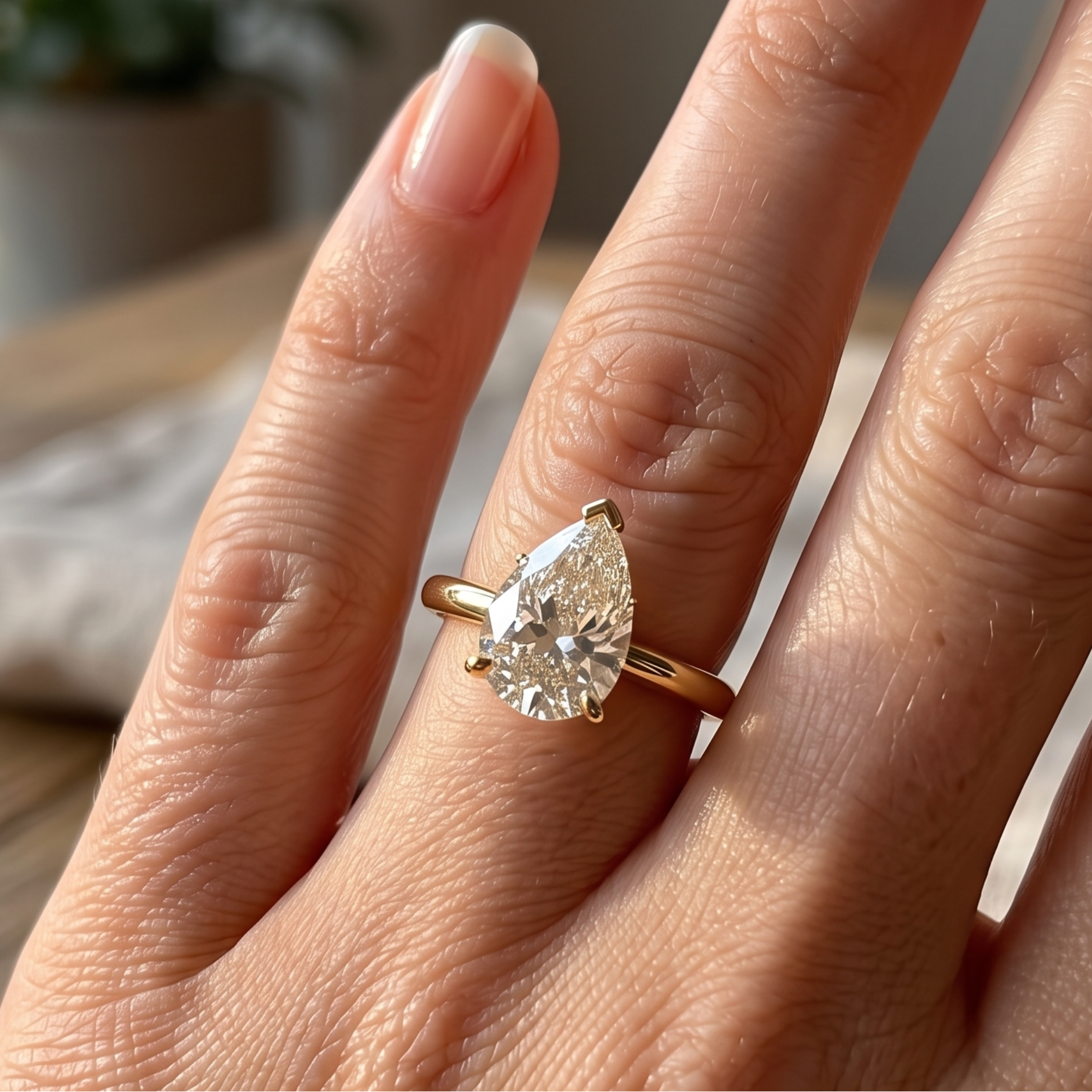 Kiashaa Jewellery 0.76 CT pear solitaire diamond ring in polished yellow gold.