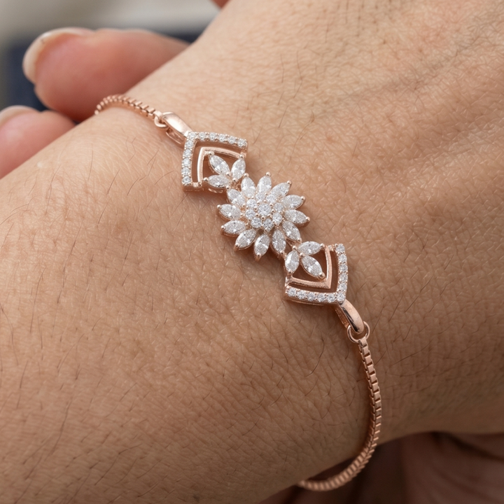2 CT marquise and round diamond floral bracelet by Kiashaa Jewellery worn on a woman’s wrist.