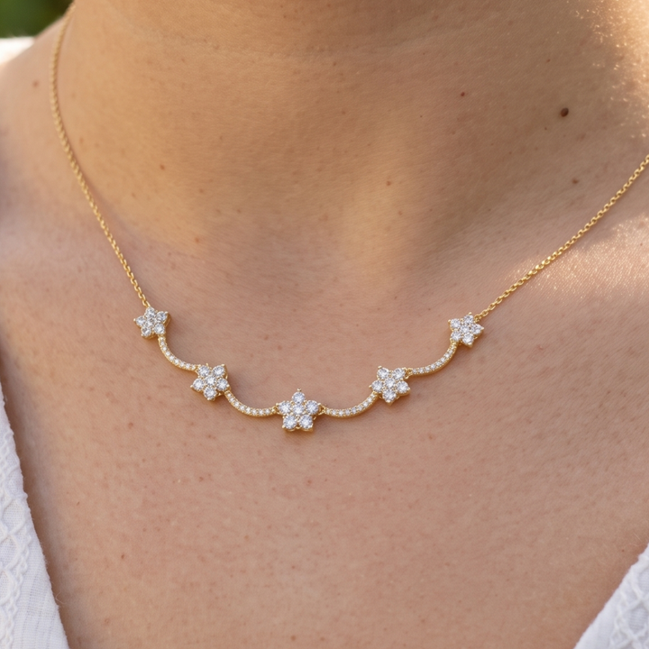 A delicate gold necklace with five small star-shaped clusters of clear stones, worn on a model's neck.