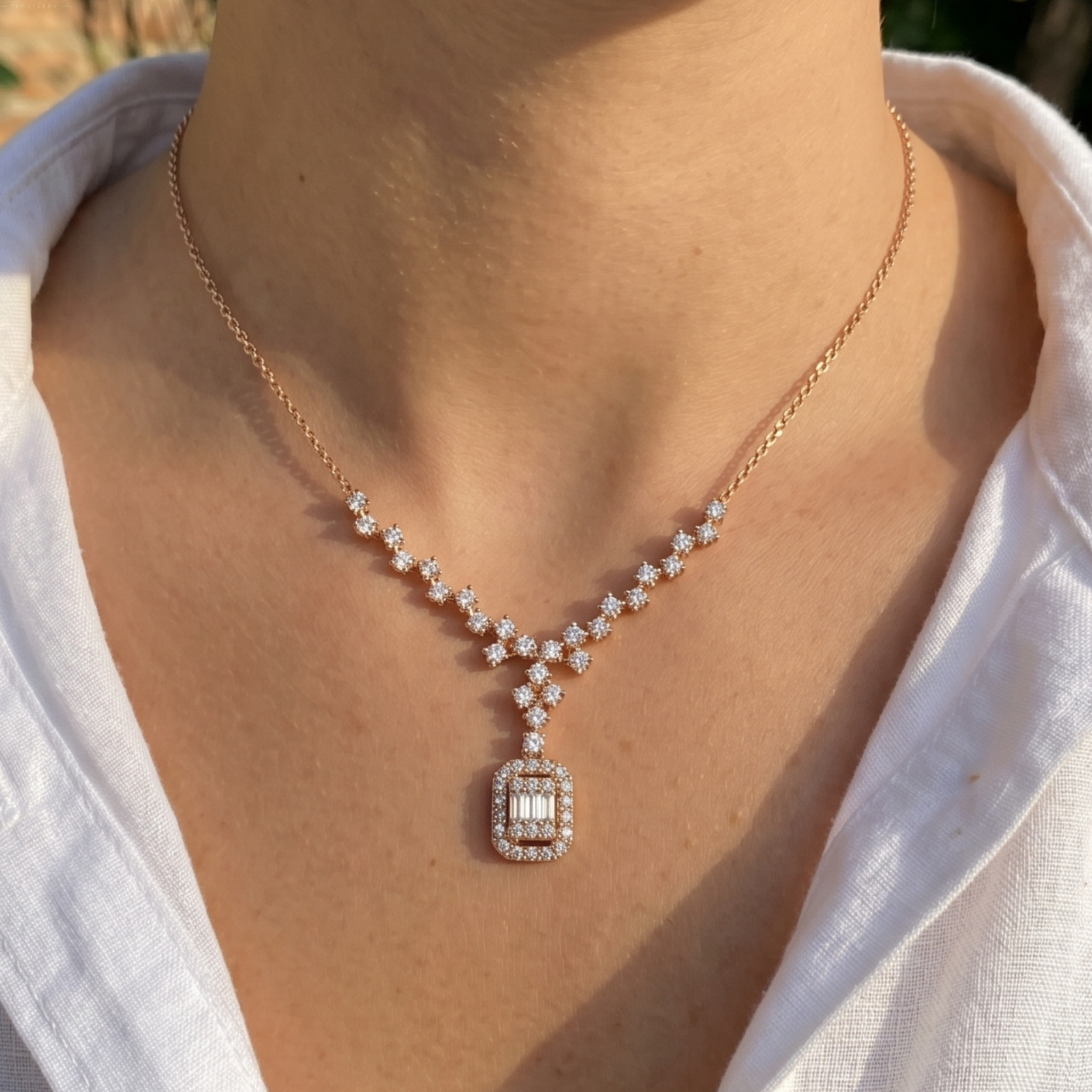 A close-up of a person's neck and upper chest wearing a delicate rose gold Y-necklace with clear baguette and round stones, paired with a white collared shirt.