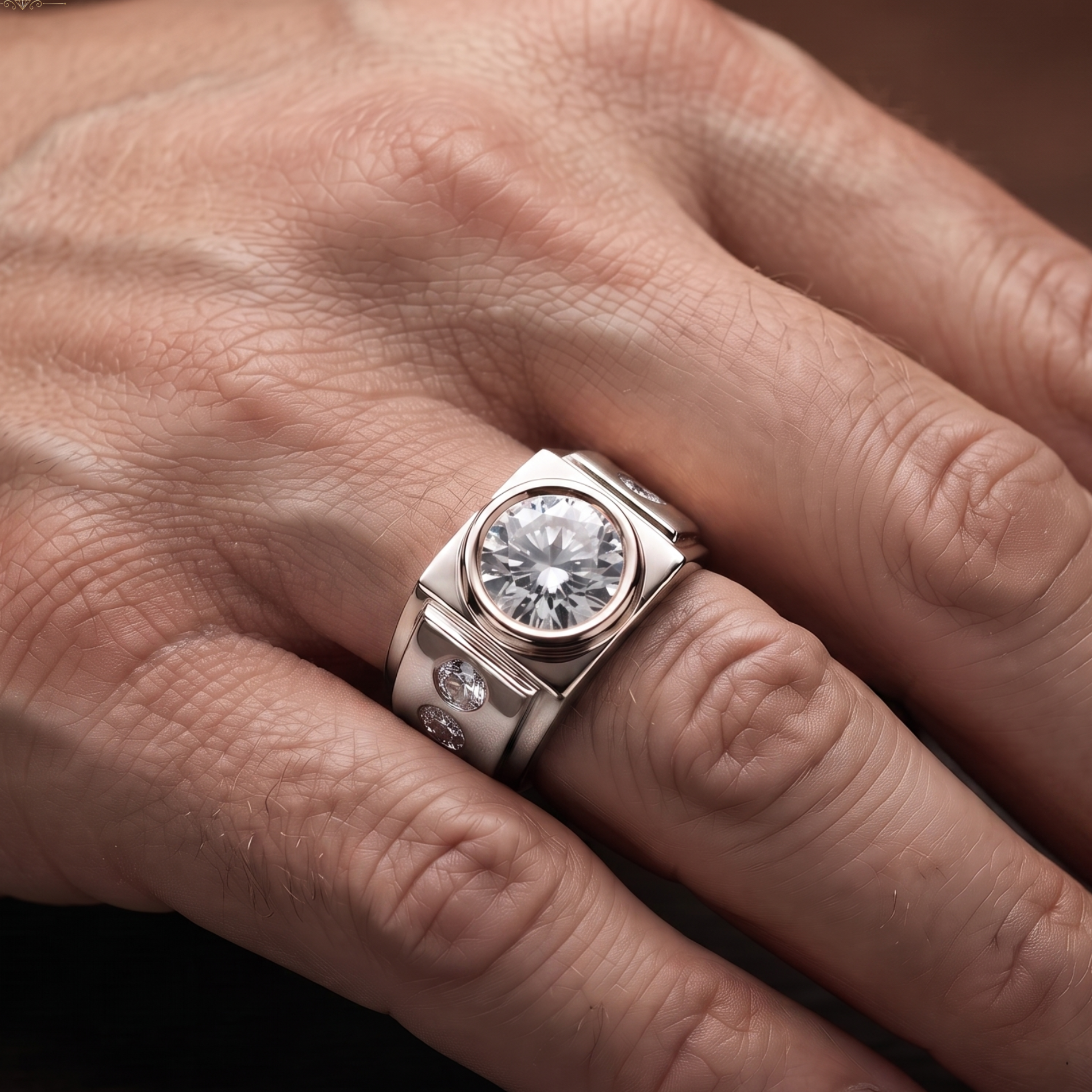 A silver-toned men's ring with a large round clear center stone and smaller side stones, shown worn on a hand.