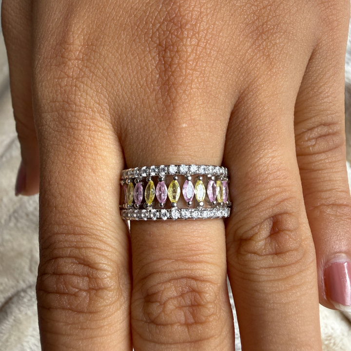 Pastel marquise gemstone and lab-grown diamond band ring by Kiashaa Jewellery.