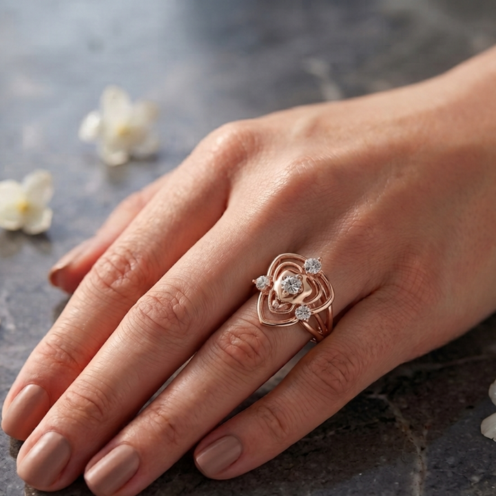 A close-up of a hand wearing a rose gold ring with a floral design and small clear gemstones, resting on a dark textured surface with blurred white flowers in the background.