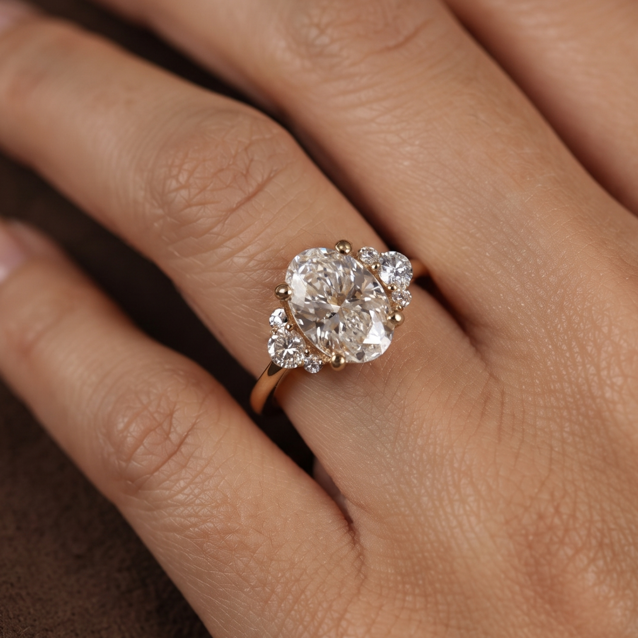 A close-up of a hand wearing a rose gold ring with a large round clear center stone and smaller surrounding stones.
