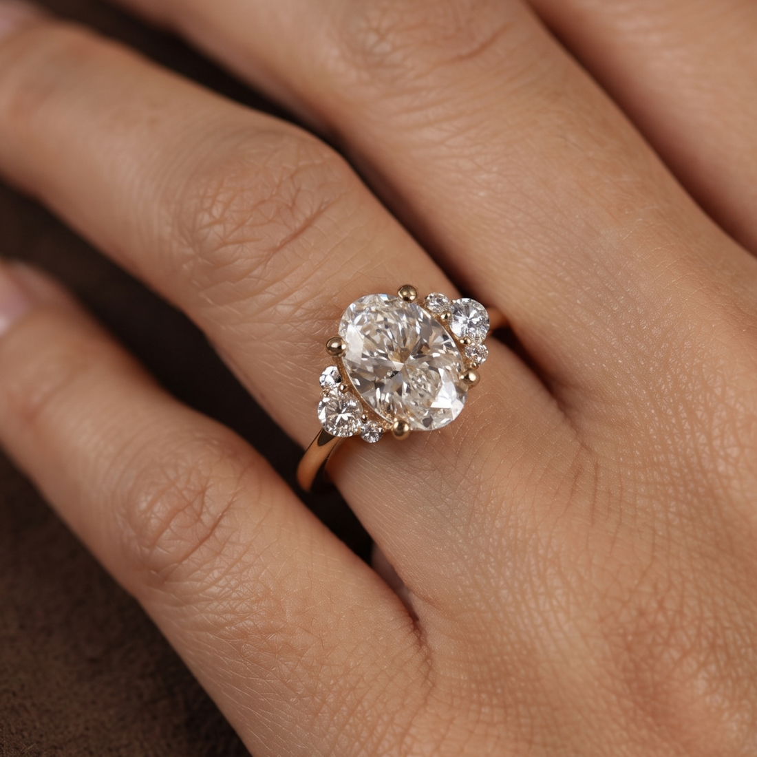 A close-up of a hand wearing a rose gold ring with a large round clear center stone and smaller surrounding stones.