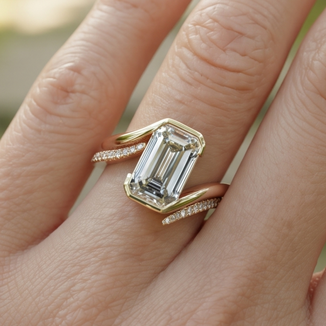 Two carat emerald-cut diamond bypass engagement ring with pavé accents in rose gold.