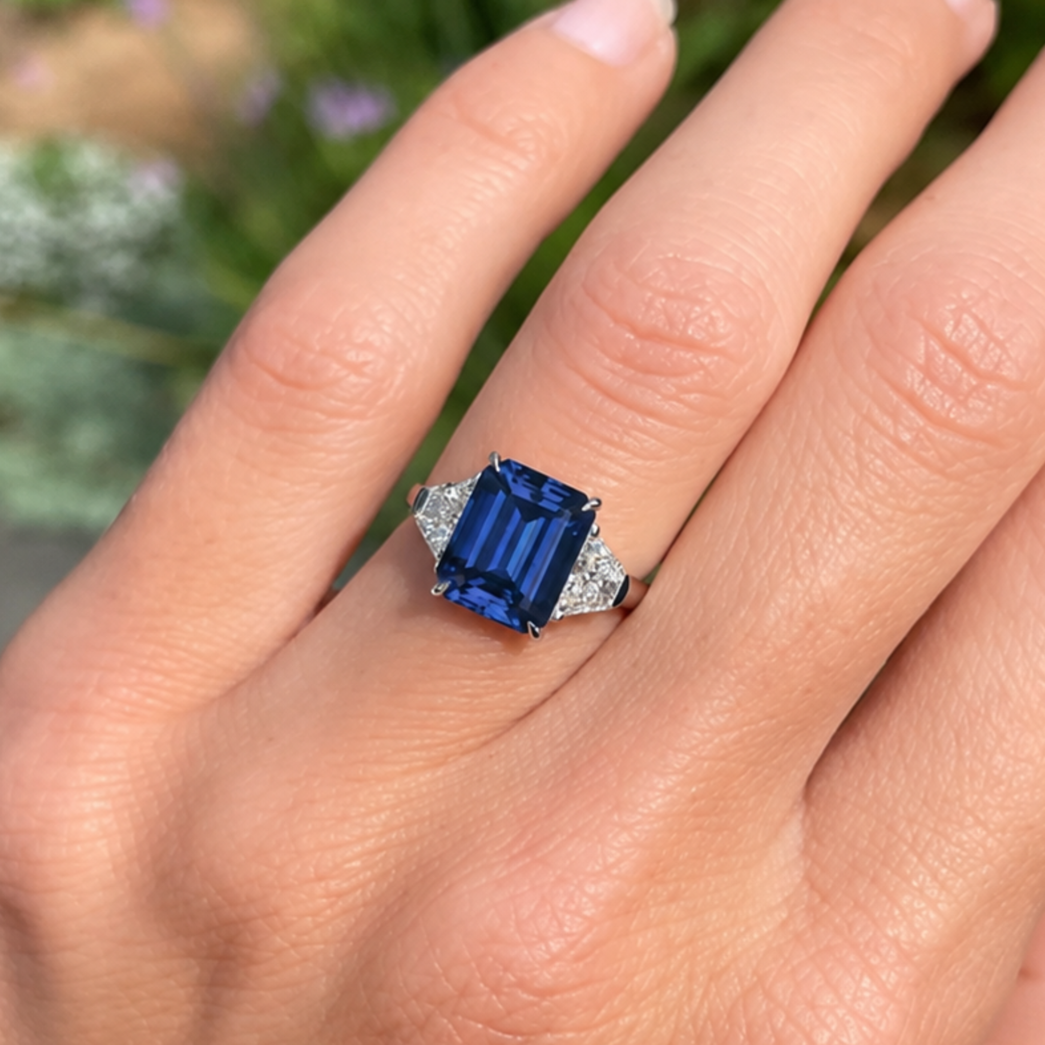 A close-up of a hand wearing a silver ring with a large rectangular blue sapphire gemstone and small side stones.