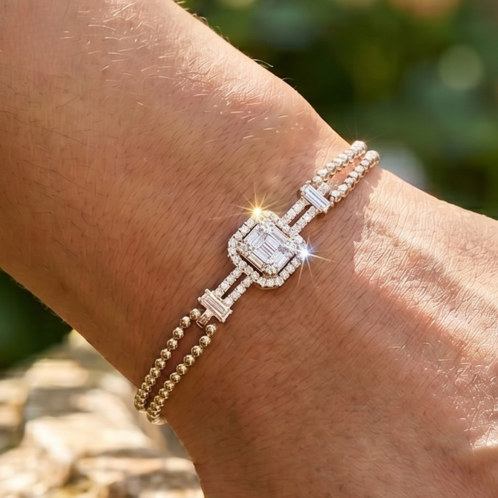 0.60 CT geometric baguette diamond bracelet in rose gold by Kiashaa Jewellery worn on the wrist.
