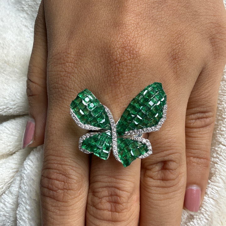 Green CZ butterfly and lab-grown diamond statement ring by Kiashaa Jewellery.