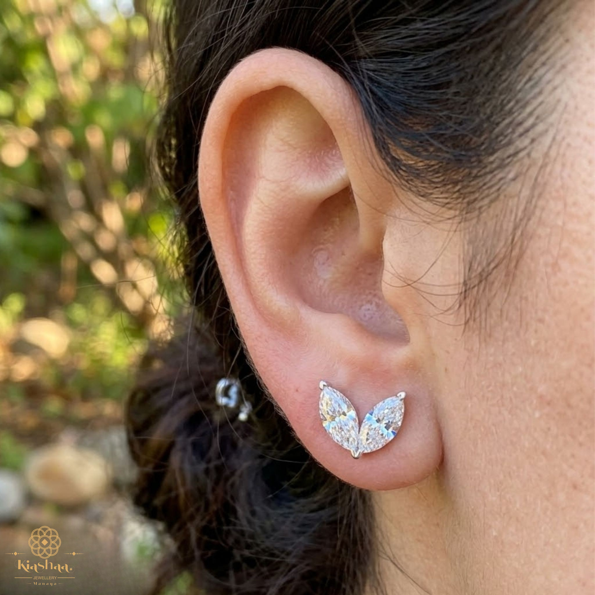 Double Marquise Diamond Leaf Stud Earrings in 9K, 14K & 18K Gold