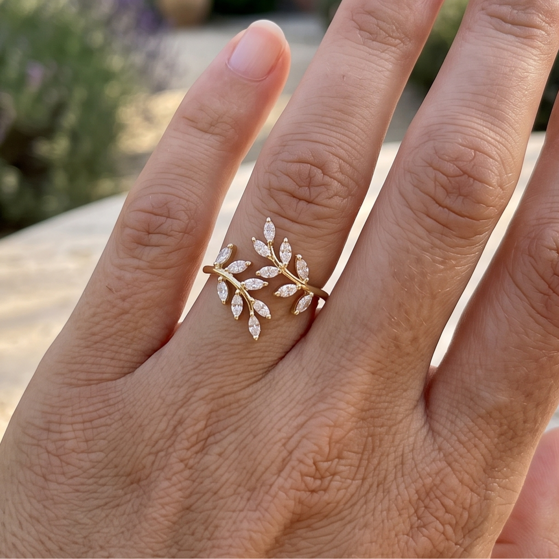 Kiashaa Jewellery 1.12 CTW marquise diamond leaf ring in polished yellow gold.