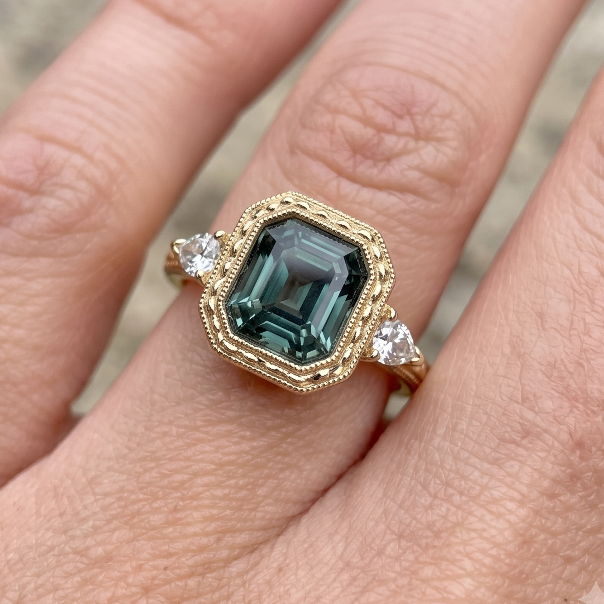 A close-up of a gold ring with a large emerald-cut dark green gemstone and two small clear accent stones, worn on a person's finger.